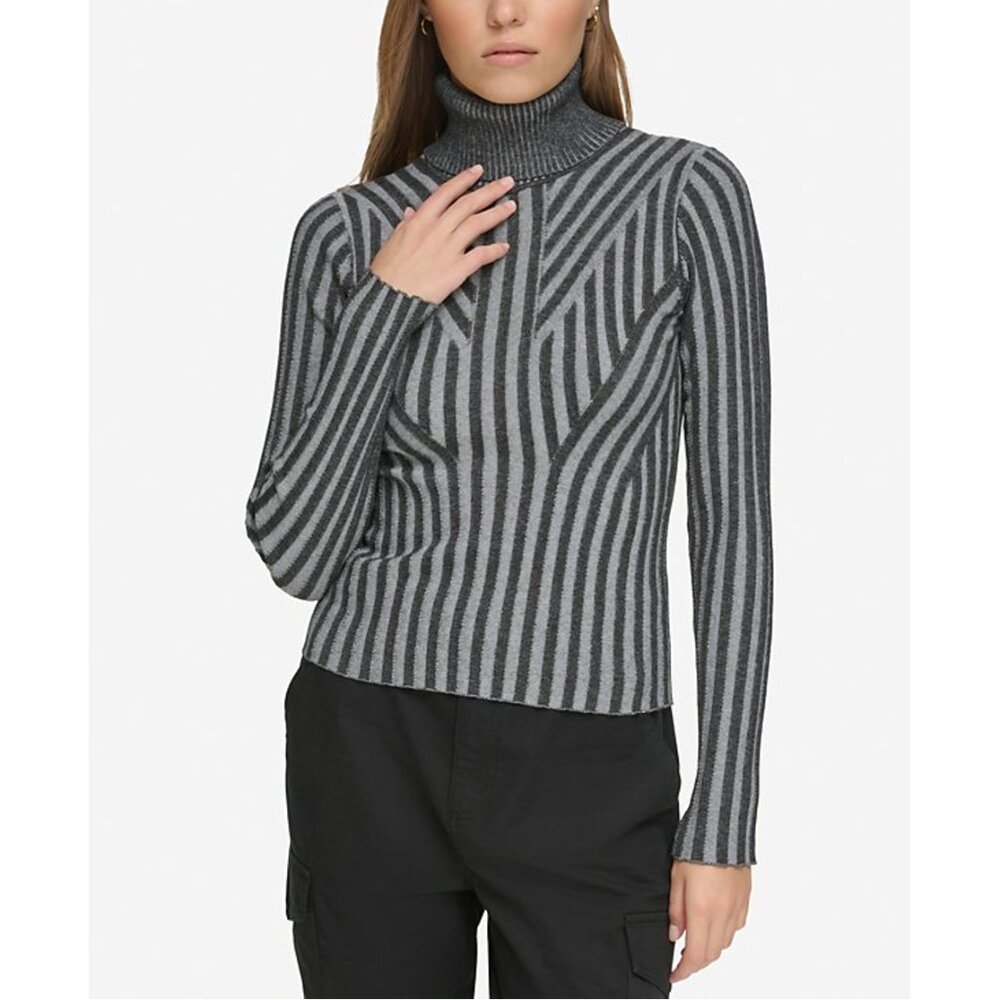 NWT DKNY | Granite & Gray Printed Turtleneck Long-Sleeve Ribbed Sweater | Medium